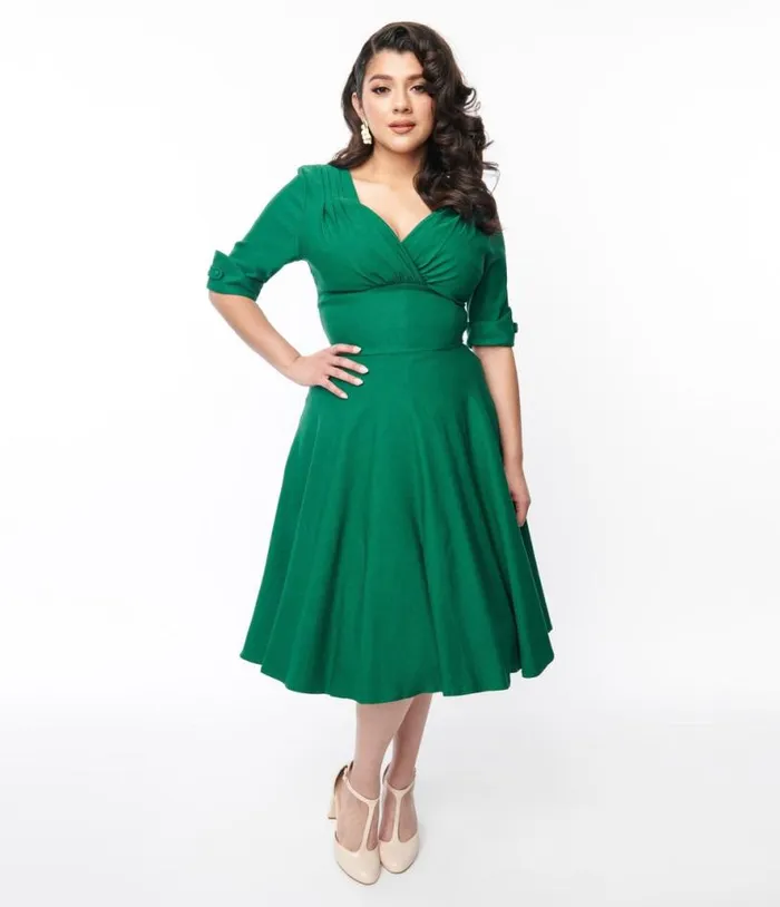 Emerald Green Delores Swing Dress With Sleeves Dresses Unique Vintage Pocket Dresses