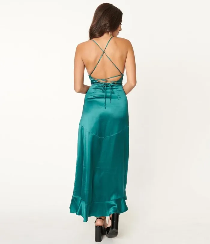 Emerald Green Satin Ruffle Maxi Dress Dresses Unique Vintage Maxi