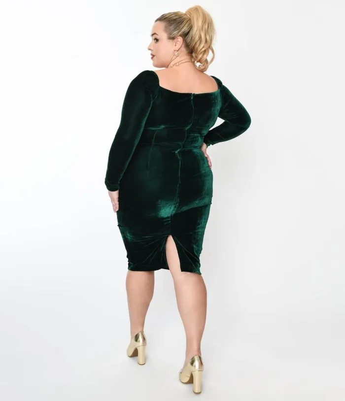 Emerald Green Velvet Esme Wiggle Dress DressesPlus Unique Vintage Pencil