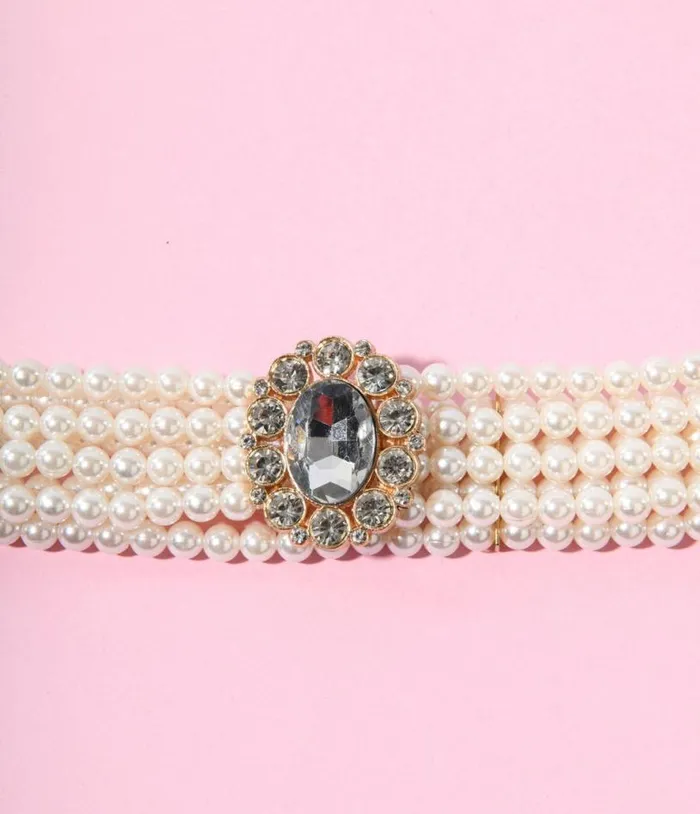 Faux Pearl and Rhinestone Buckle Cinch Belt Accessories Unique Vintage Belts