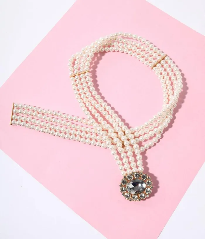 Faux Pearl and Rhinestone Buckle Cinch Belt Accessories Unique Vintage Belts