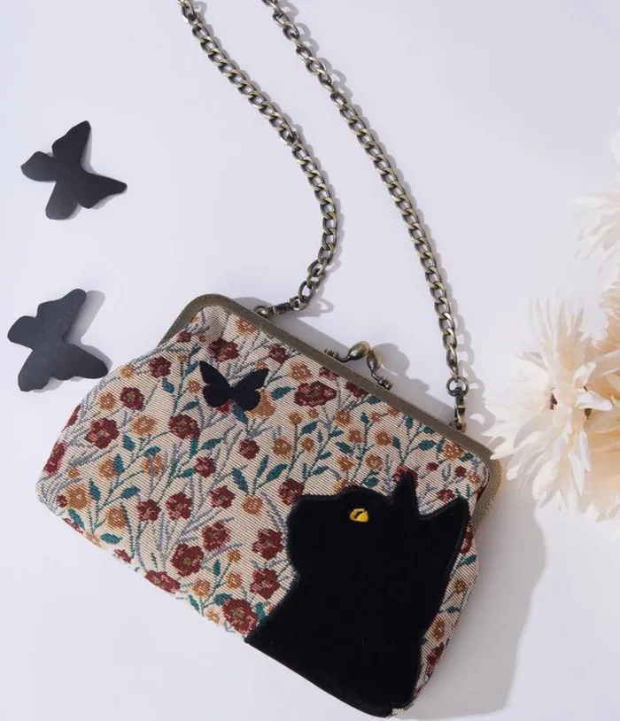 Floral Black Cat Handbag Accessories Unique Vintage Novelty Bags