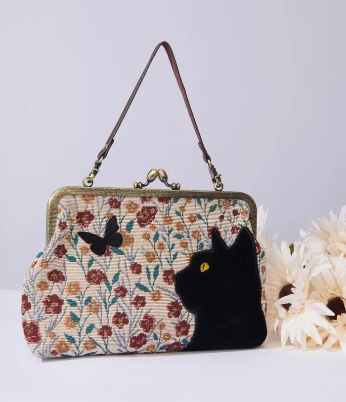 Floral Black Cat Handbag Accessories Unique Vintage Novelty Bags