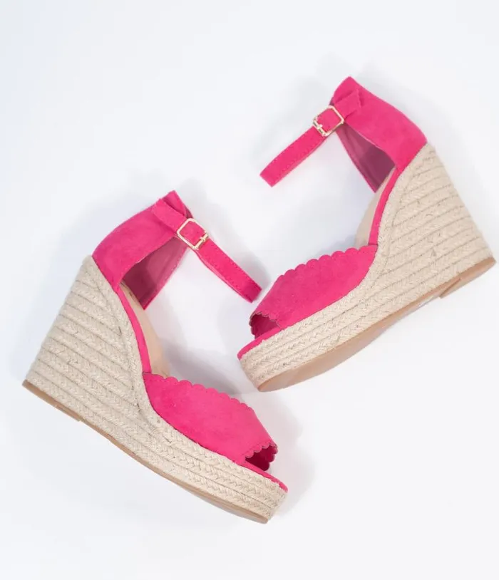 Fuchsia Suede Peep Toe Espadrille Wedges Shoes Unique Vintage Sandals