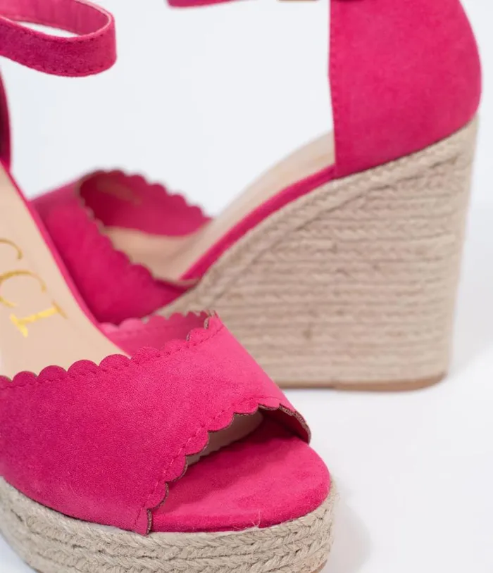 Fuchsia Suede Peep Toe Espadrille Wedges Shoes Unique Vintage Sandals