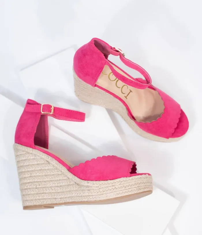 Fuchsia Suede Peep Toe Espadrille Wedges Shoes Unique Vintage Sandals