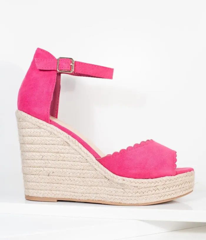 Fuchsia Suede Peep Toe Espadrille Wedges Shoes Unique Vintage Sandals