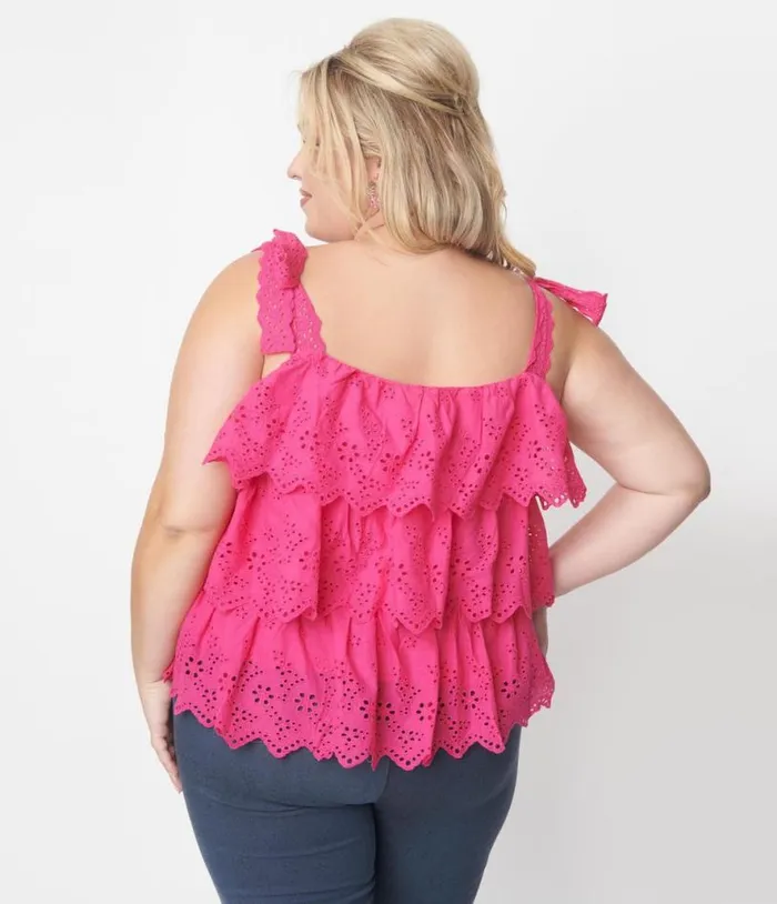 Fuchsia Tiered Eyelet Blouse Clothing Unique Vintage Blouses
