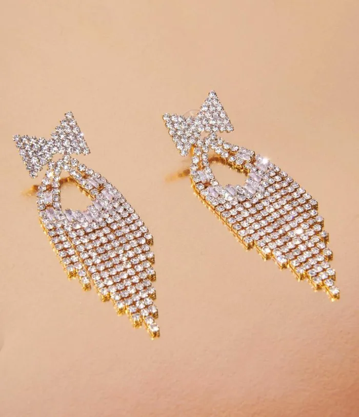Gold and Rhinestone Bow Dangle Earrings Accessories Unique Vintage Earrings Gold and Rhinestone Bow Dangle Earrings Accessories Unique Vintage Earrings