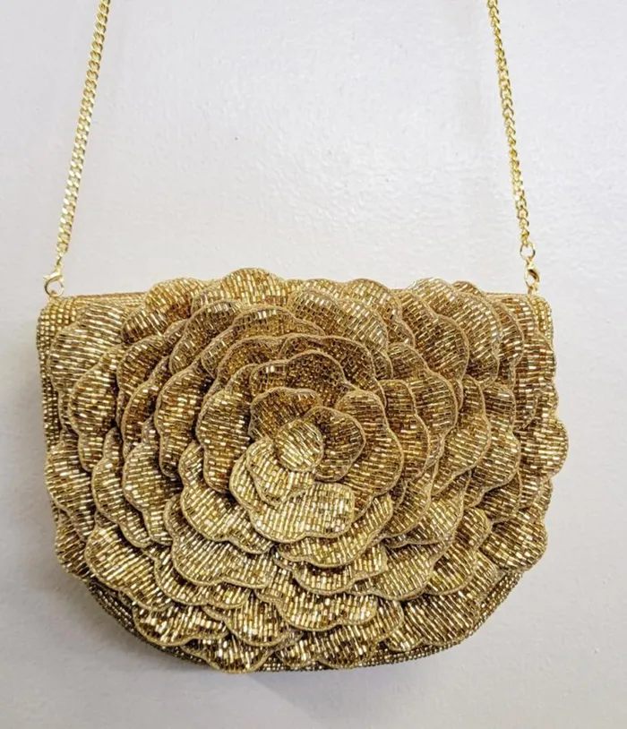 Gold Flower Beaded Crossbody Bag Accessories Unique Vintage Novelty Bags