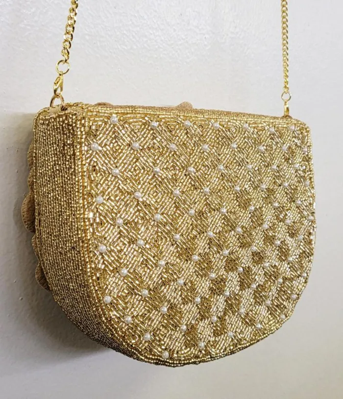 Gold Flower Beaded Crossbody Bag Accessories Unique Vintage Novelty Bags