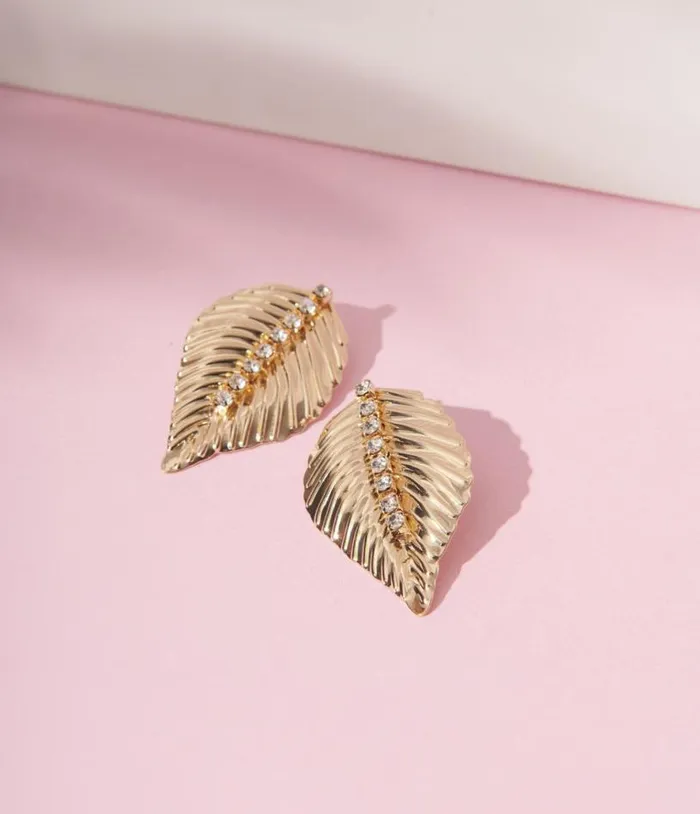Gold Rhinestone Leaf Stud Earrings Accessories Unique Vintage Earrings
