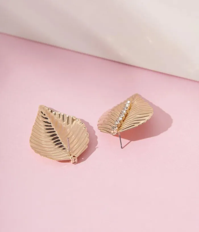 Gold Rhinestone Leaf Stud Earrings Accessories Unique Vintage Earrings