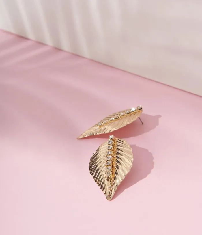 Gold Rhinestone Leaf Stud Earrings Accessories Unique Vintage Earrings