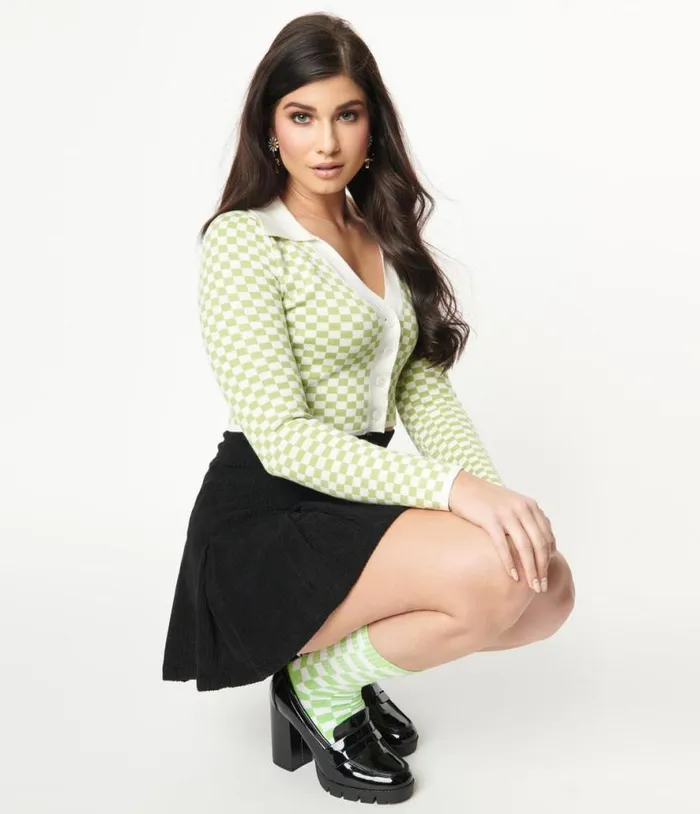 Green and Ivory Check Crop Cardigan Clothing Unique Vintage Sweaters and Cardigans Green and Ivory Check Crop Cardigan Clothing Unique Vintage Sweaters and Cardigans