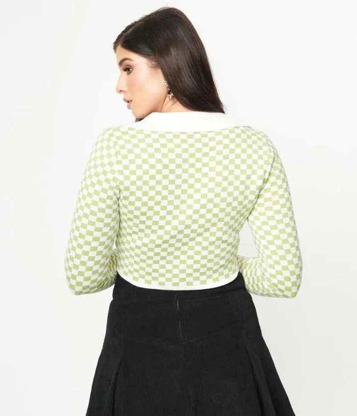 Green and Ivory Check Crop Cardigan Clothing Unique Vintage Sweaters and Cardigans