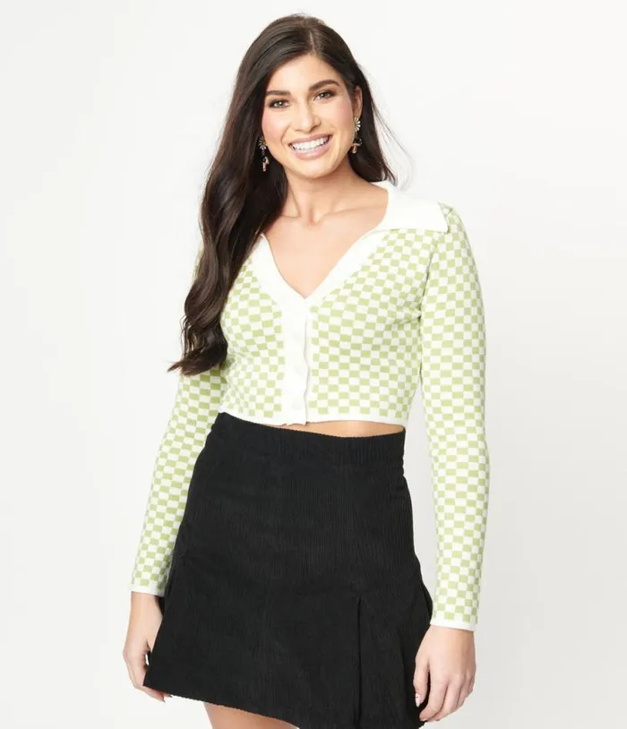 Green and Ivory Check Crop Cardigan Clothing Unique Vintage Sweaters and Cardigans