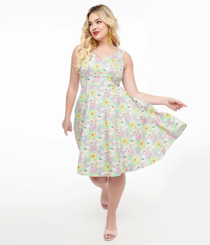 Green and Multicolor Floral Cotton Swing Dress Dresses Unique Vintage Swing