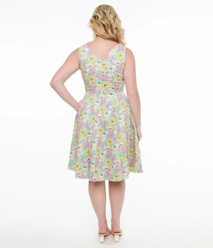 Green and Multicolor Floral Cotton Swing Dress Dresses Unique Vintage Swing