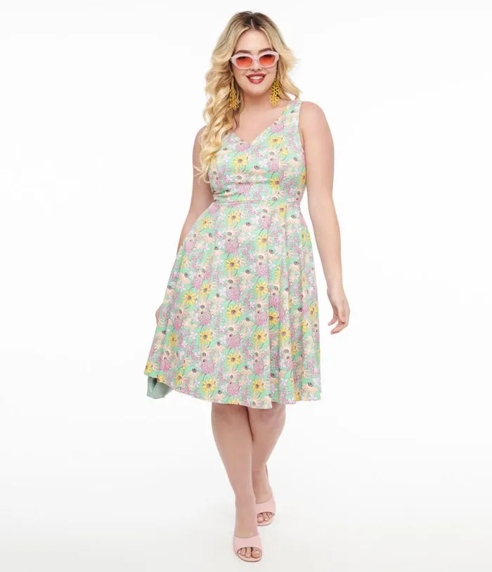 Green and Multicolor Floral Cotton Swing Dress Dresses Unique Vintage Swing