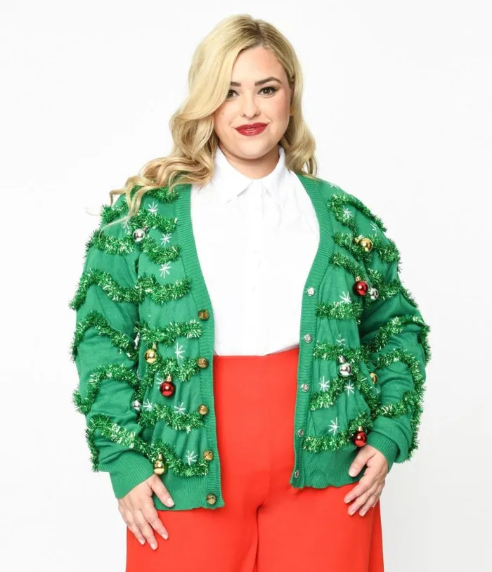 Green Garland and Ornament Cardigan ClothingPlus Unique Vintage Sweaters and Cardigans Green Garland and Ornament Cardigan ClothingPlus Unique Vintage Sweaters and Cardigans