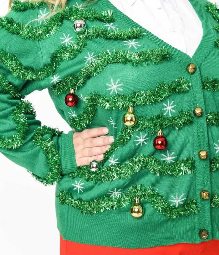 Green Garland and Ornament Cardigan ClothingPlus Unique Vintage Sweaters and Cardigans