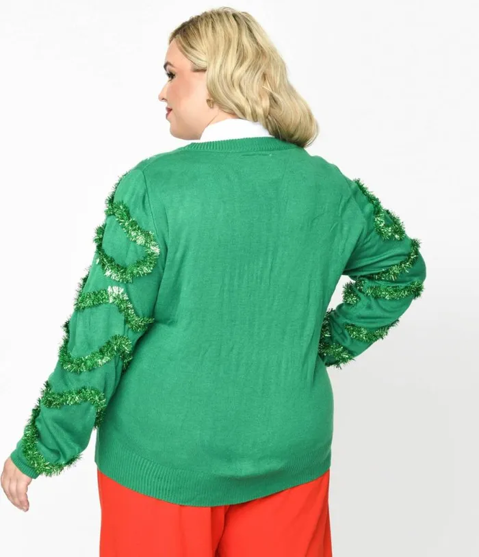 Green Garland and Ornament Cardigan ClothingPlus Unique Vintage Sweaters and Cardigans