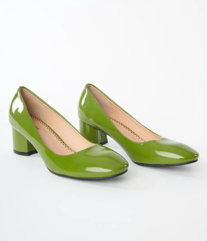 Green Patent Block Heels Shoes Unique Vintage Heels