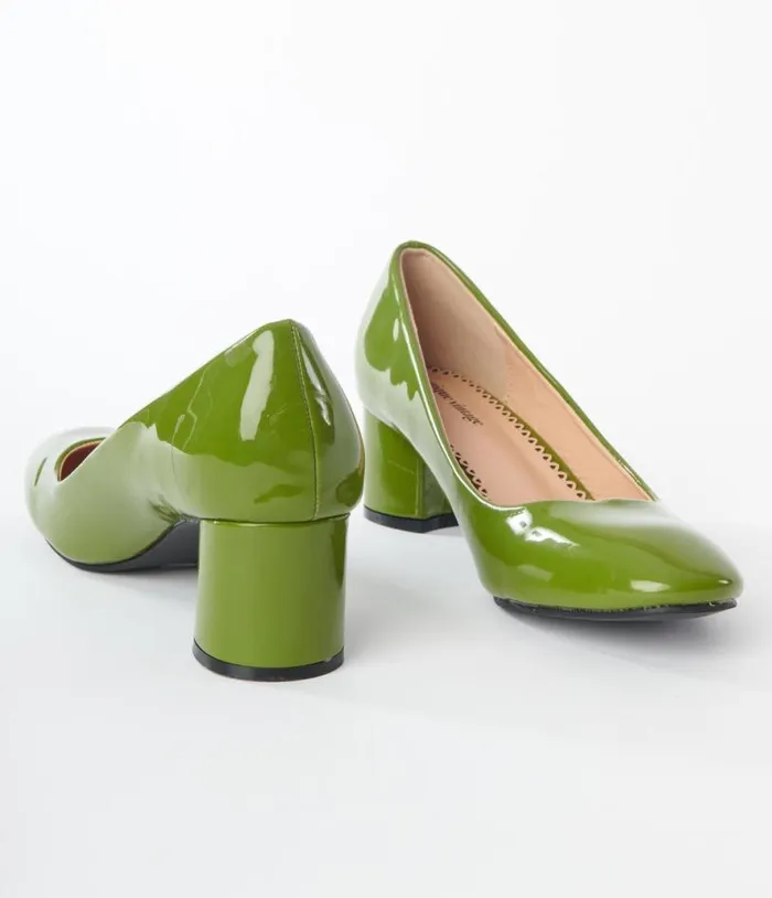Green Patent Block Heels Shoes Unique Vintage Heels