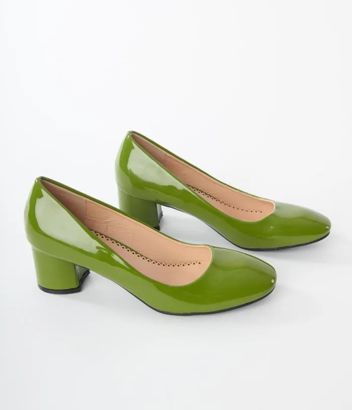 Green Patent Block Heels Shoes Unique Vintage Heels