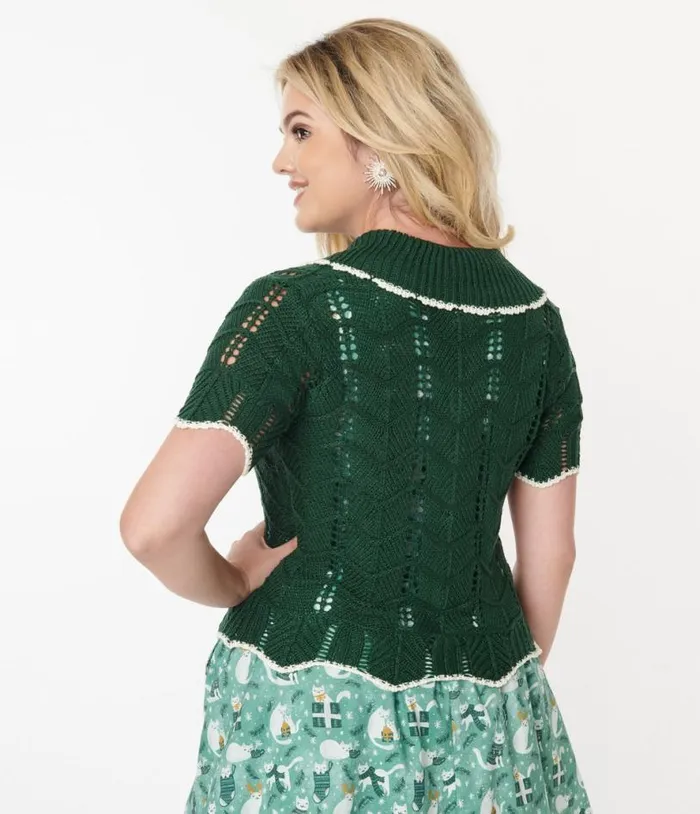 Green Perforated Knit Cardigan Clothing Unique Vintage Sweaters and Cardigans