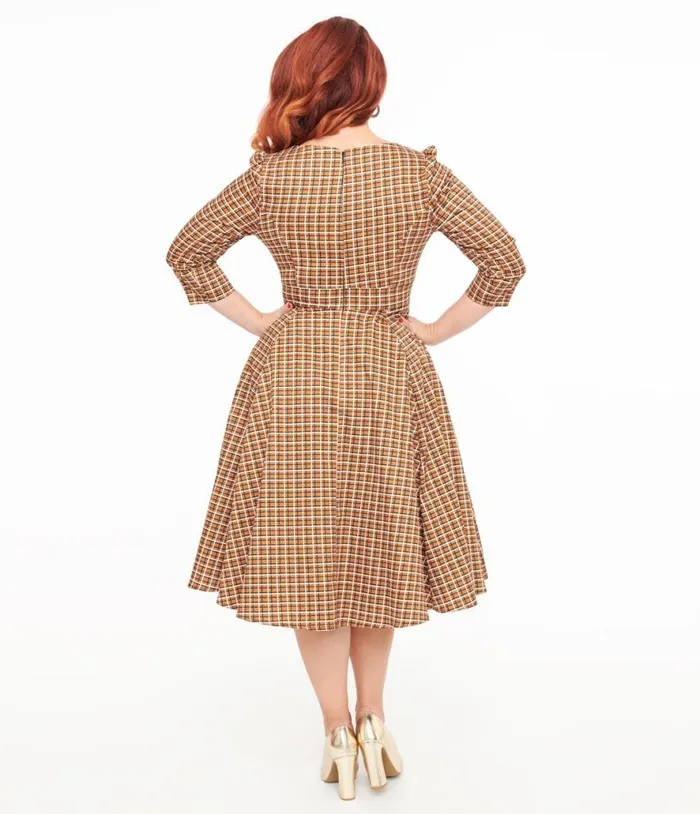 Hearts and Roses Brown Check Daniella Swing Dress Dresses Unique Vintage Pocket Dresses