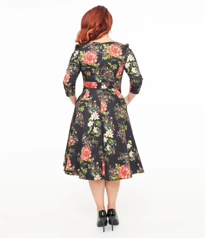 Hearts and Roses Winter Floral Isla Swing Dress Dresses Unique Vintage Swing