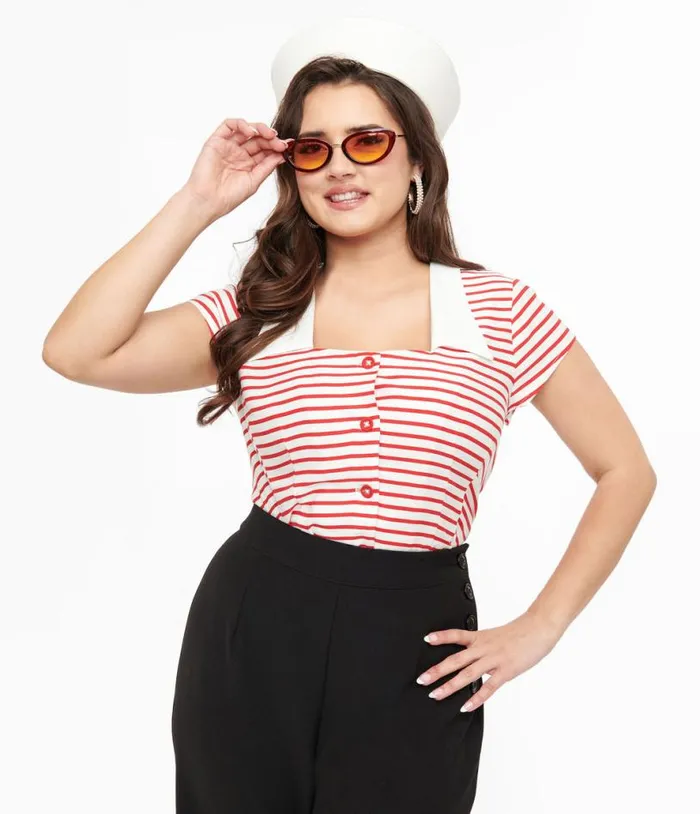 Hell Bunny 1940s Red and White Stripe Ahoy Blouse Clothing Unique Vintage Blouses Hell Bunny 1940s Red and White Stripe Ahoy Blouse Clothing Unique Vintage Blouses