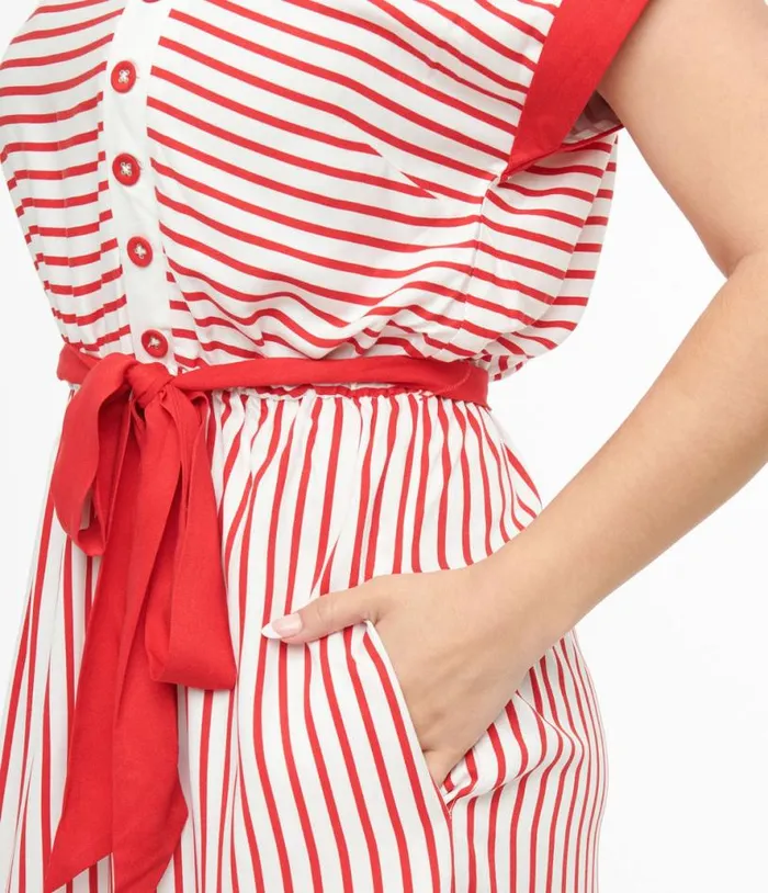 Hell Bunny 1940s Red and White Stripe Ahoy Dress Dresses Unique Vintage Pocket Dresses