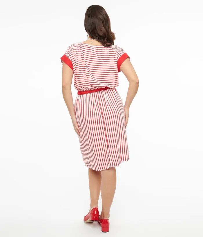 Hell Bunny 1940s Red and White Stripe Ahoy Dress Dresses Unique Vintage Pocket Dresses