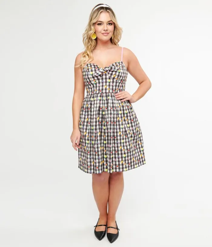 Hell Bunny 1950s Black and White Gingham and Fruit Cotton Swing Dress DressesPlus Unique Vintage Pocket Dresses Hell Bunny 1950s Black and White Gingham and Fruit Cotton Swing Dress DressesPlus Unique Vintage Pocket Dresses