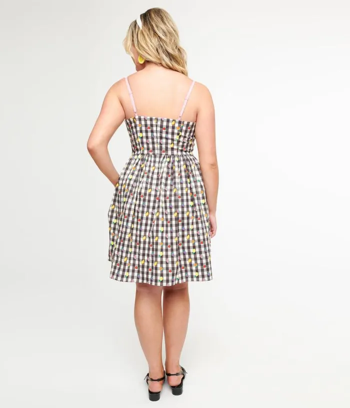 Hell Bunny 1950s Black and White Gingham and Fruit Cotton Swing Dress DressesPlus Unique Vintage Pocket Dresses