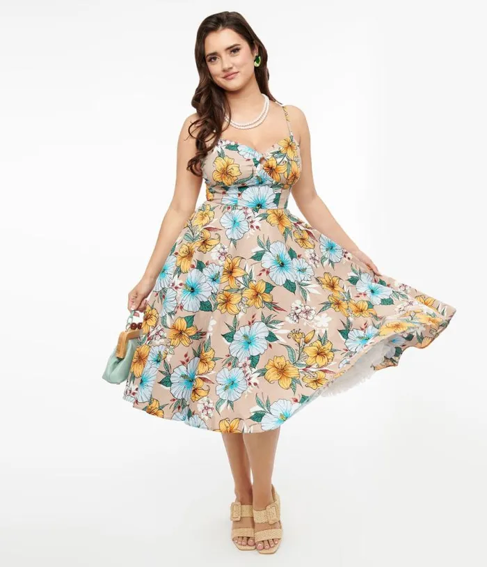 Hell Bunny 1950s Light Brown and Blue Tropical Floral Print Cotton Pattaya Midi Dress Dresses Unique Vintage Pocket Dresses Hell Bunny 1950s Light Brown and Blue Tropical Floral Print Cotton Pattaya Midi Dress Dresses Unique Vintage Pocket Dresses
