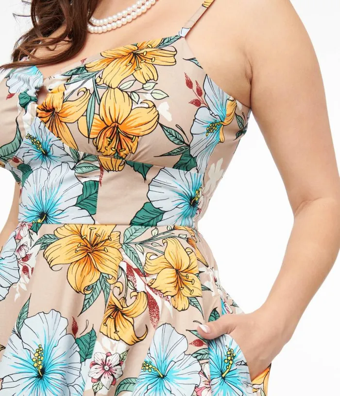 Hell Bunny 1950s Light Brown and Blue Tropical Floral Print Cotton Pattaya Midi Dress Dresses Unique Vintage Pocket Dresses