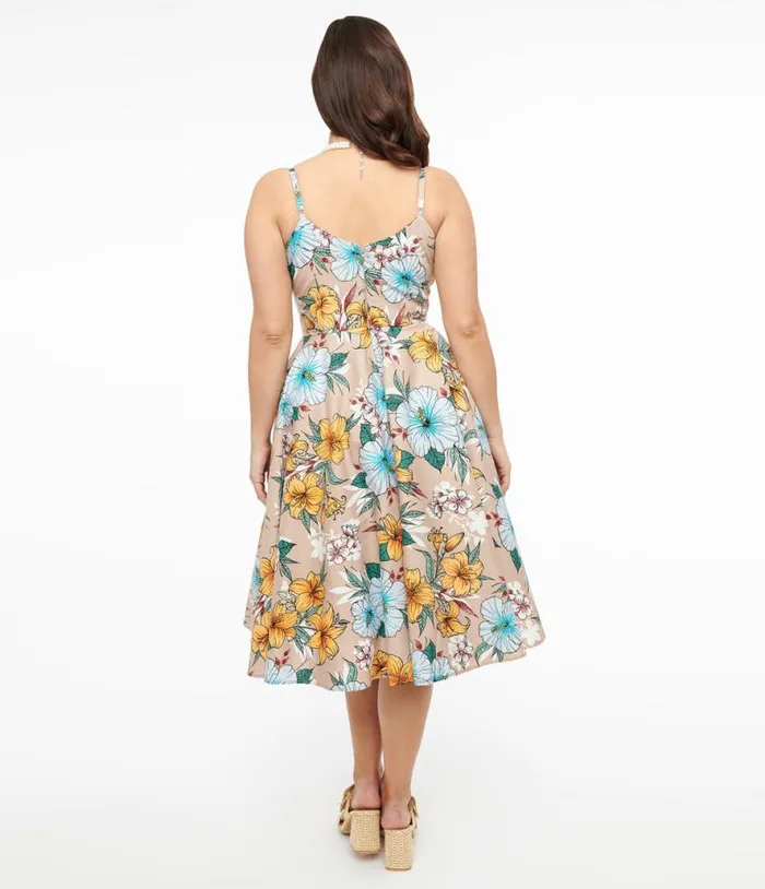 Hell Bunny 1950s Light Brown and Blue Tropical Floral Print Cotton Pattaya Midi Dress Dresses Unique Vintage Pocket Dresses