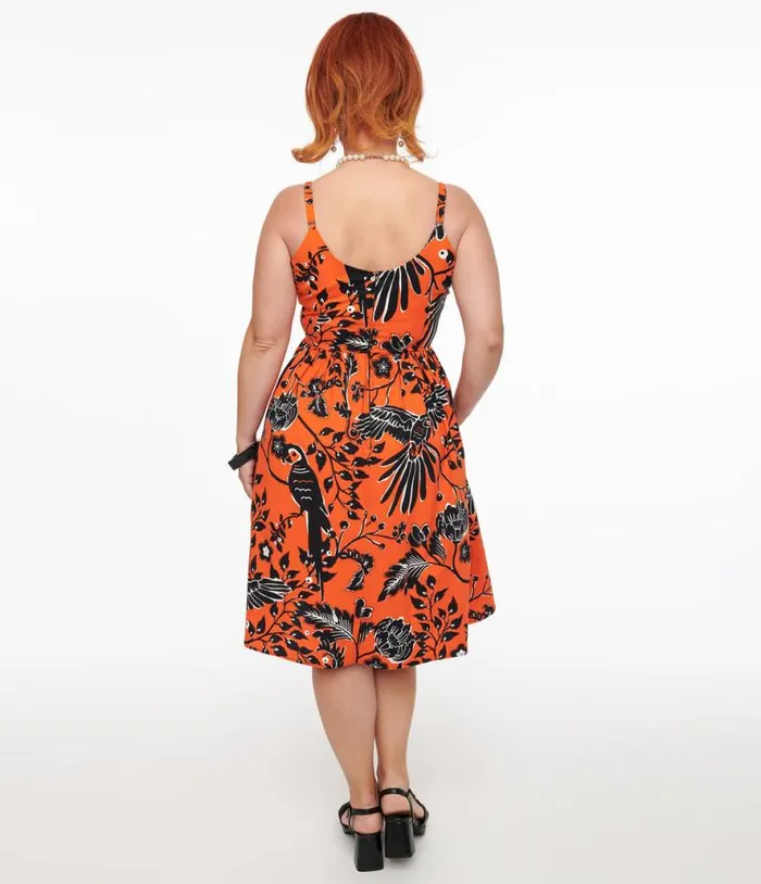 Hell Bunny 1950s Orange and Black Parrot Print Rio Swing Dress Dresses Unique Vintage Pocket Dresses