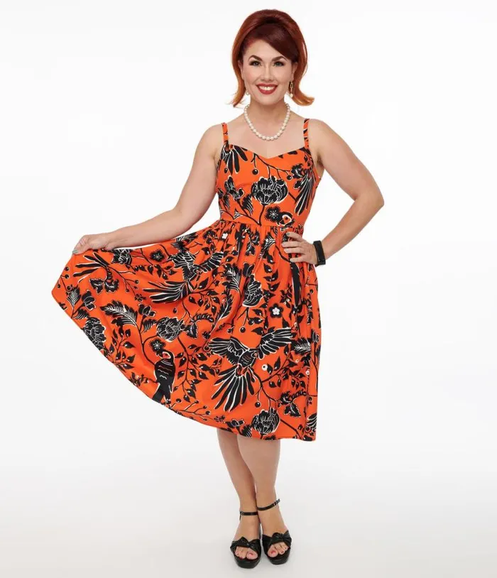Hell Bunny 1950s Orange and Black Parrot Print Rio Swing Dress Dresses Unique Vintage Pocket Dresses