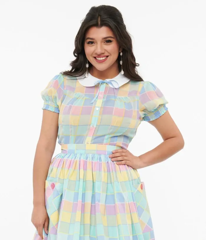 Hell Bunny 1950s Pastel Check Collared Skye Blouse Clothing Unique Vintage Blouses Hell Bunny 1950s Pastel Check Collared Skye Blouse Clothing Unique Vintage Blouses