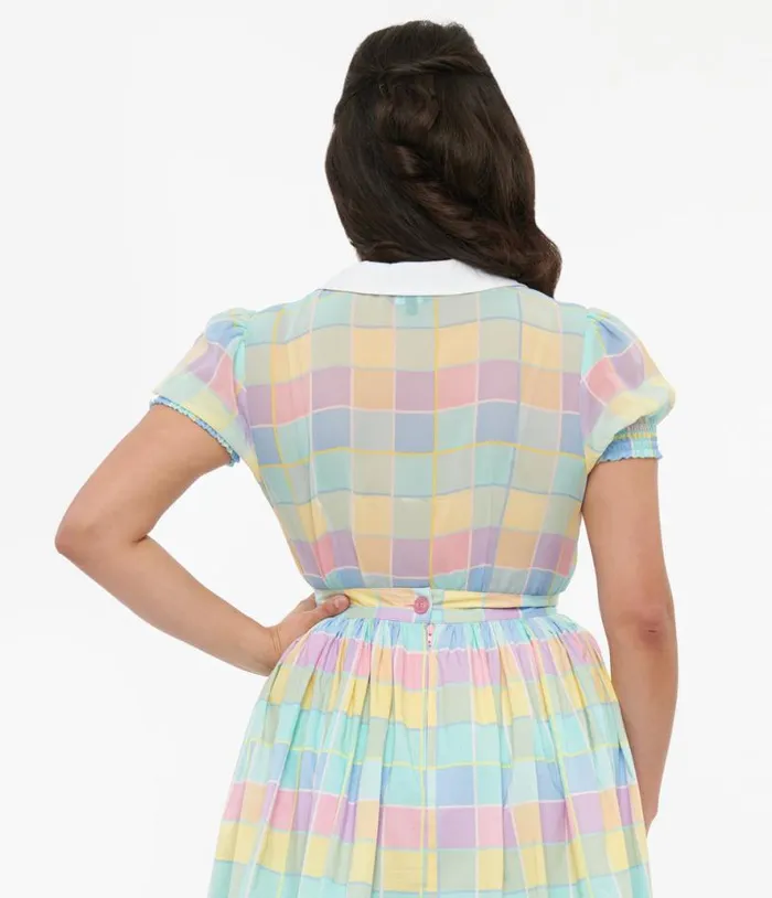 Hell Bunny 1950s Pastel Check Collared Skye Blouse Clothing Unique Vintage Blouses