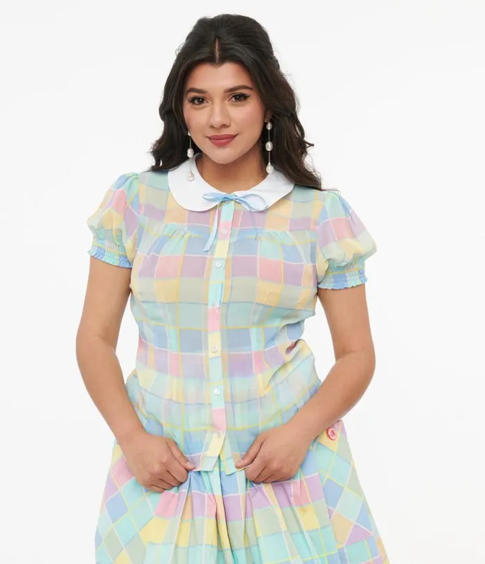 Hell Bunny 1950s Pastel Check Collared Skye Blouse Clothing Unique Vintage Blouses