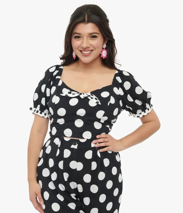 Hell Bunny 1960s Black and White Polka Dot Dolores Crop Top Clothing Unique Vintage Blouses Hell Bunny 1960s Black and White Polka Dot Dolores Crop Top Clothing Unique Vintage Blouses