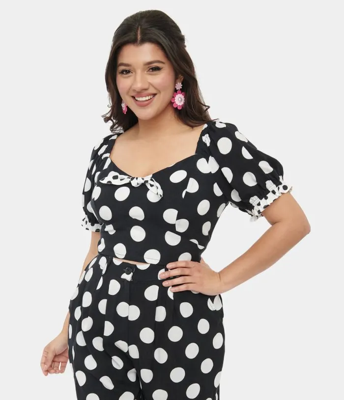 Hell Bunny 1960s Black and White Polka Dot Dolores Crop Top Clothing Unique Vintage Blouses