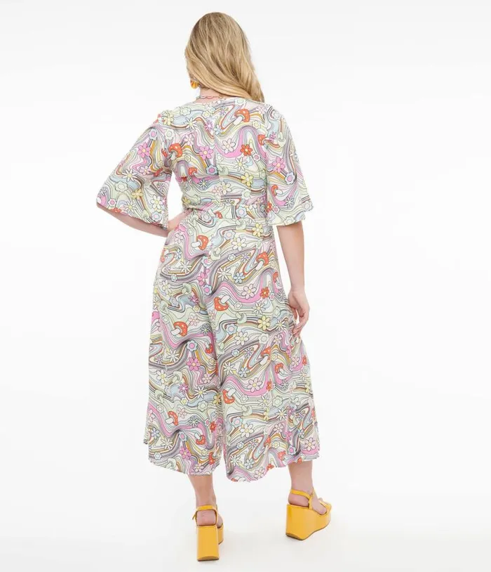 Hell Bunny 1960s Pastel Rainbow Hazy Daze Floral Jumpsuit Clothing Unique Vintage Rompers and Jumpsuits