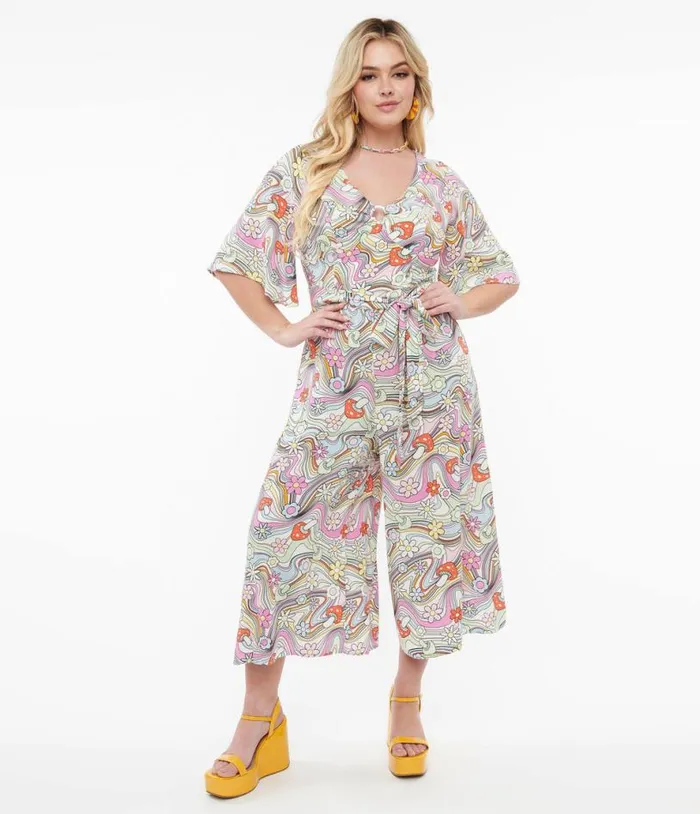 Hell Bunny 1960s Pastel Rainbow Hazy Daze Floral Jumpsuit Clothing Unique Vintage Rompers and Jumpsuits